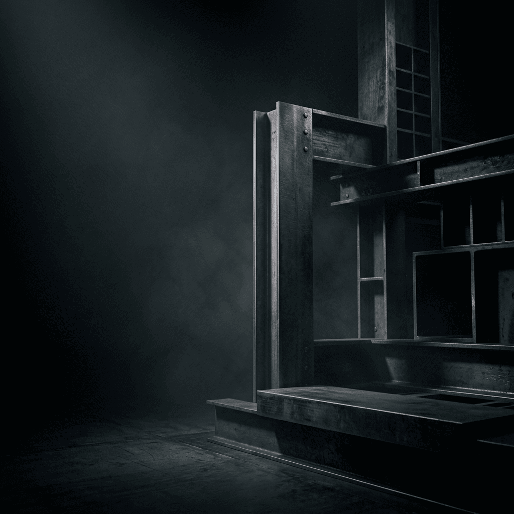 Абстрактный промышленный натюрморт: металл и тень в тёмной гамме